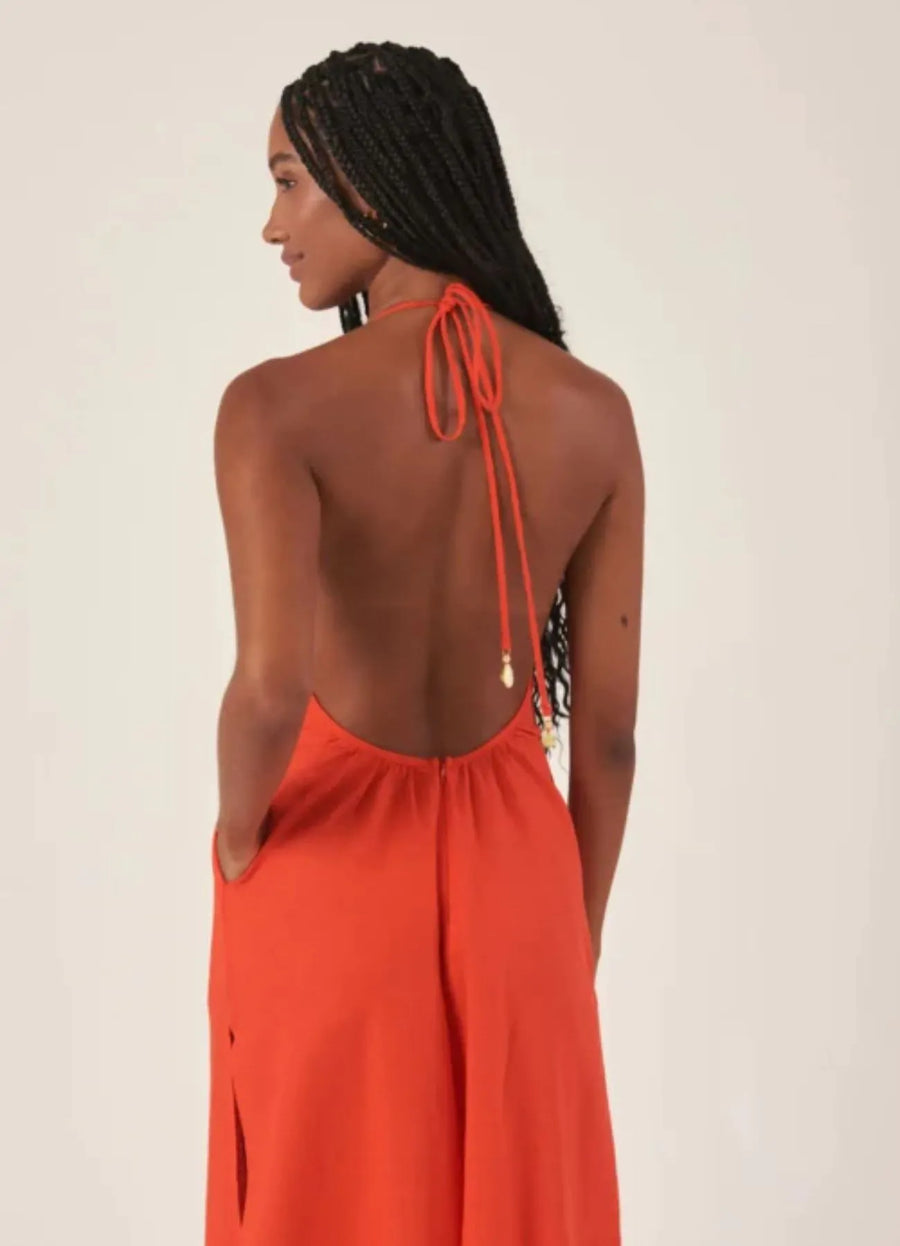 Vestido de linho laranja-urucum Leblon