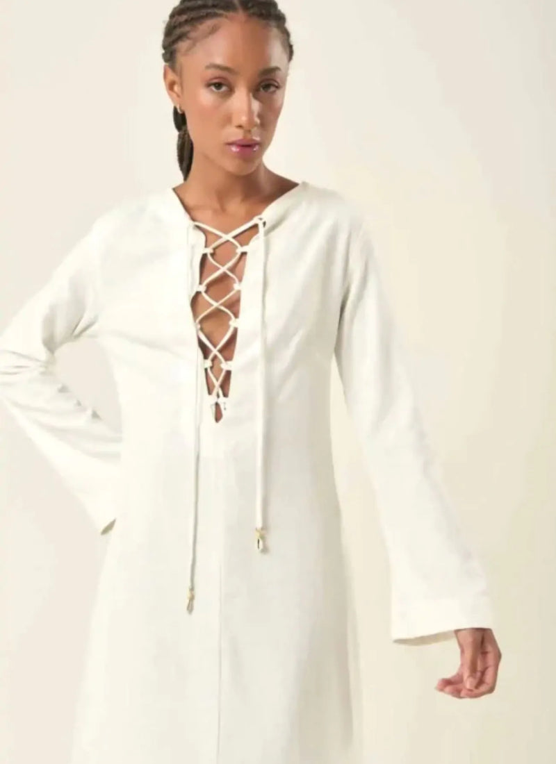 Vestido de linho midi off-white Leticia