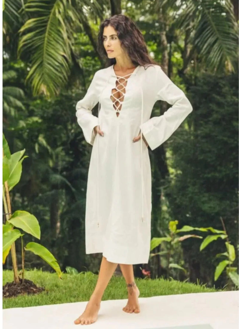 Vestido de linho midi off-white Leticia