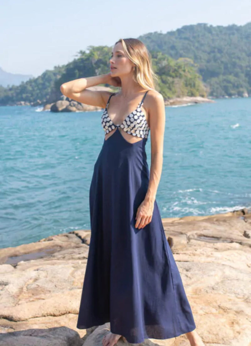 Vestido de Linho marinho Madrepérolas