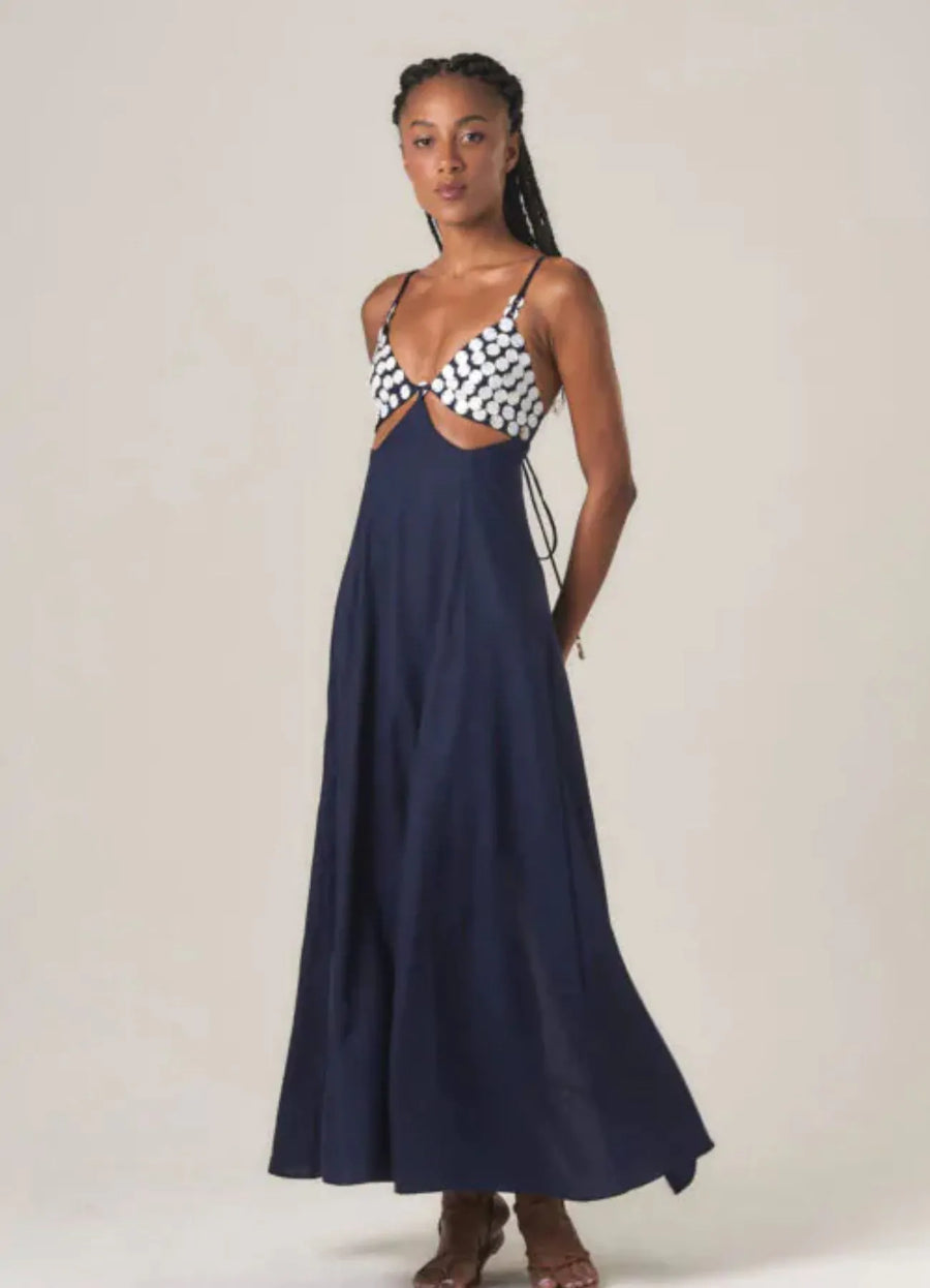 Vestido de Linho marinho Madrepérolas