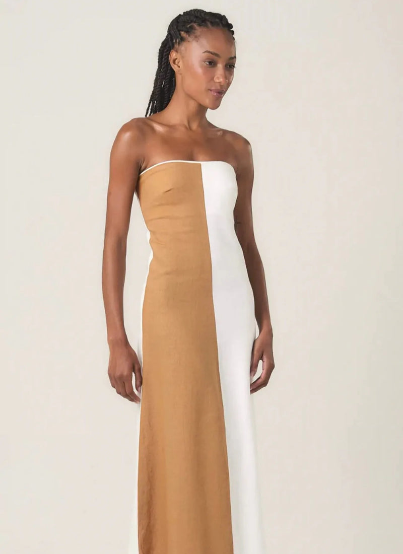 Vestido de Linho bicolor caramelo Maia