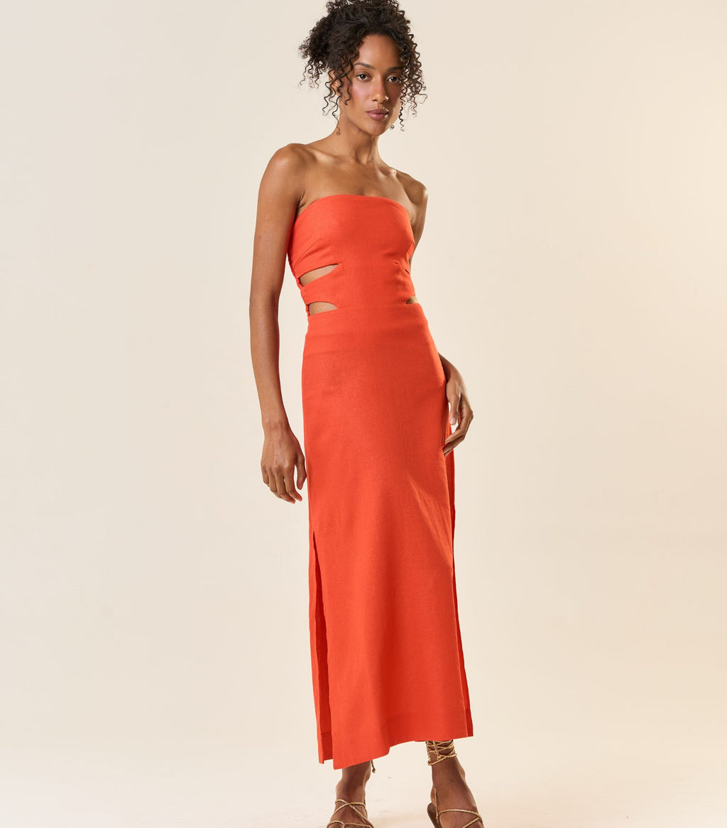 Vestido de Linho laranja-urucum Mavi