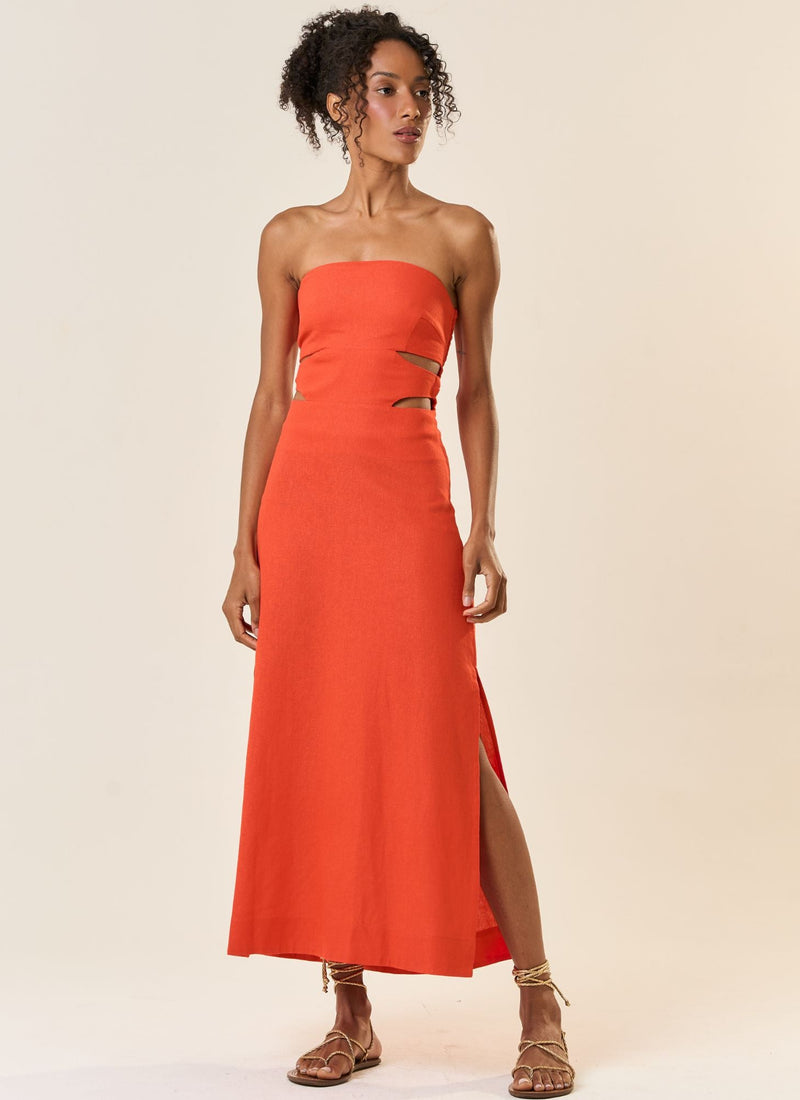 Vestido de Linho laranja-urucum Mavi