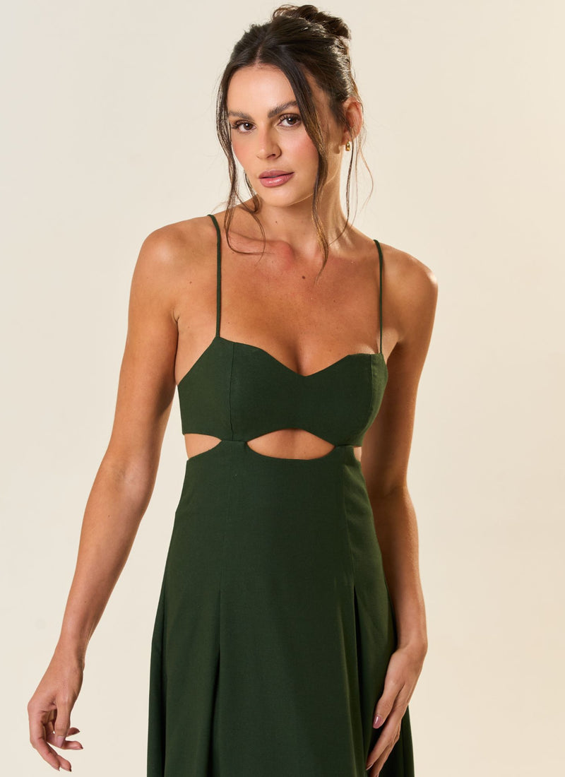Vestido de Linho verde-floresta Catarina
