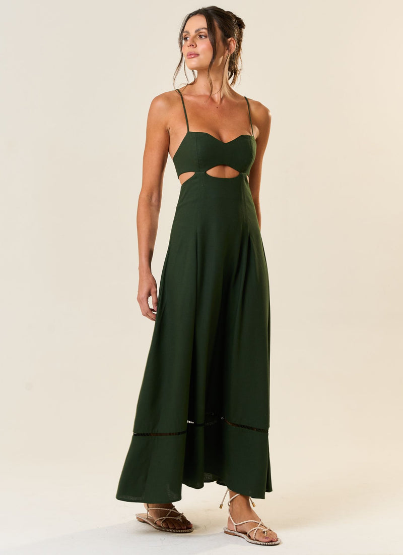 Vestido de Linho verde-floresta Catarina