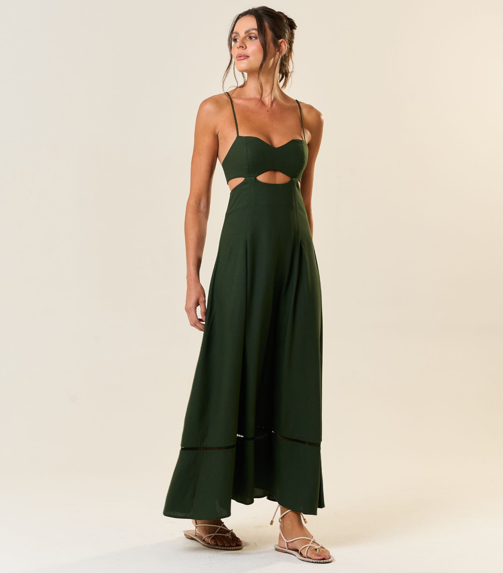 Vestido de Linho verde-floresta Catarina