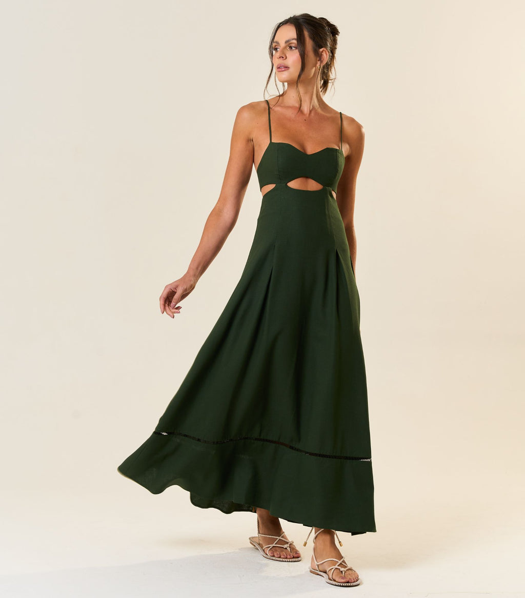 Vestido de Linho verde-floresta Catarina