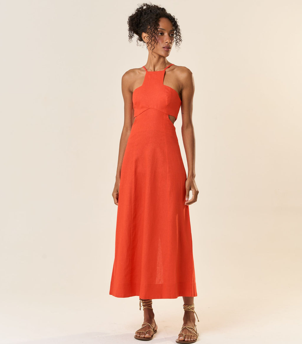 Vestido de Linho laranja-urucum Laila