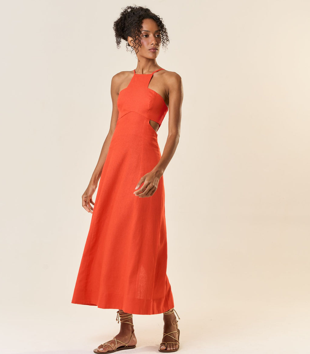 Vestido de Linho laranja-urucum Laila