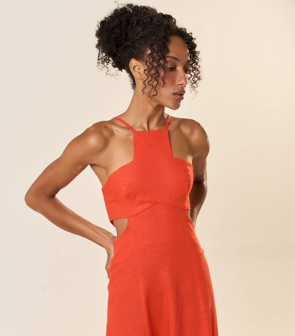 Vestido de Linho laranja-urucum Laila