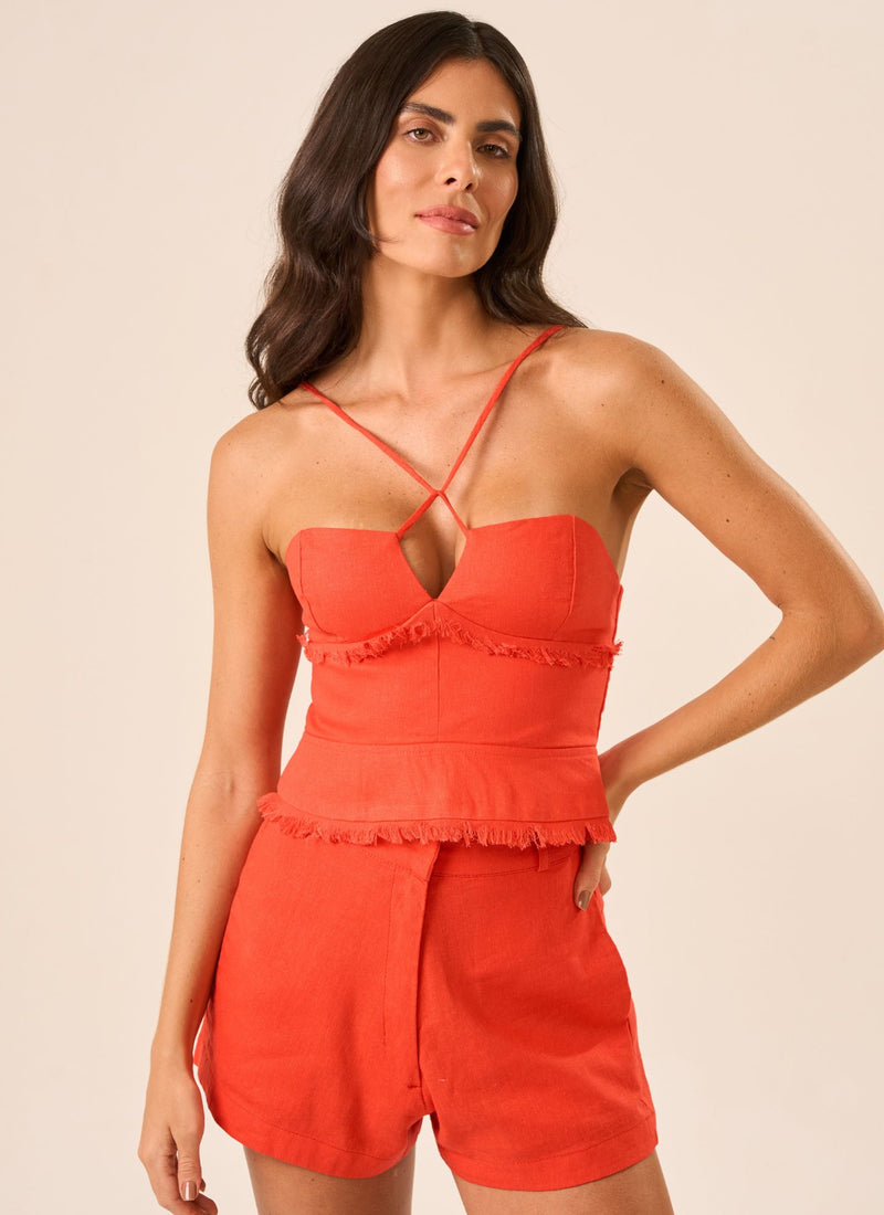 Top de linho laranja-urucum Guilhermina