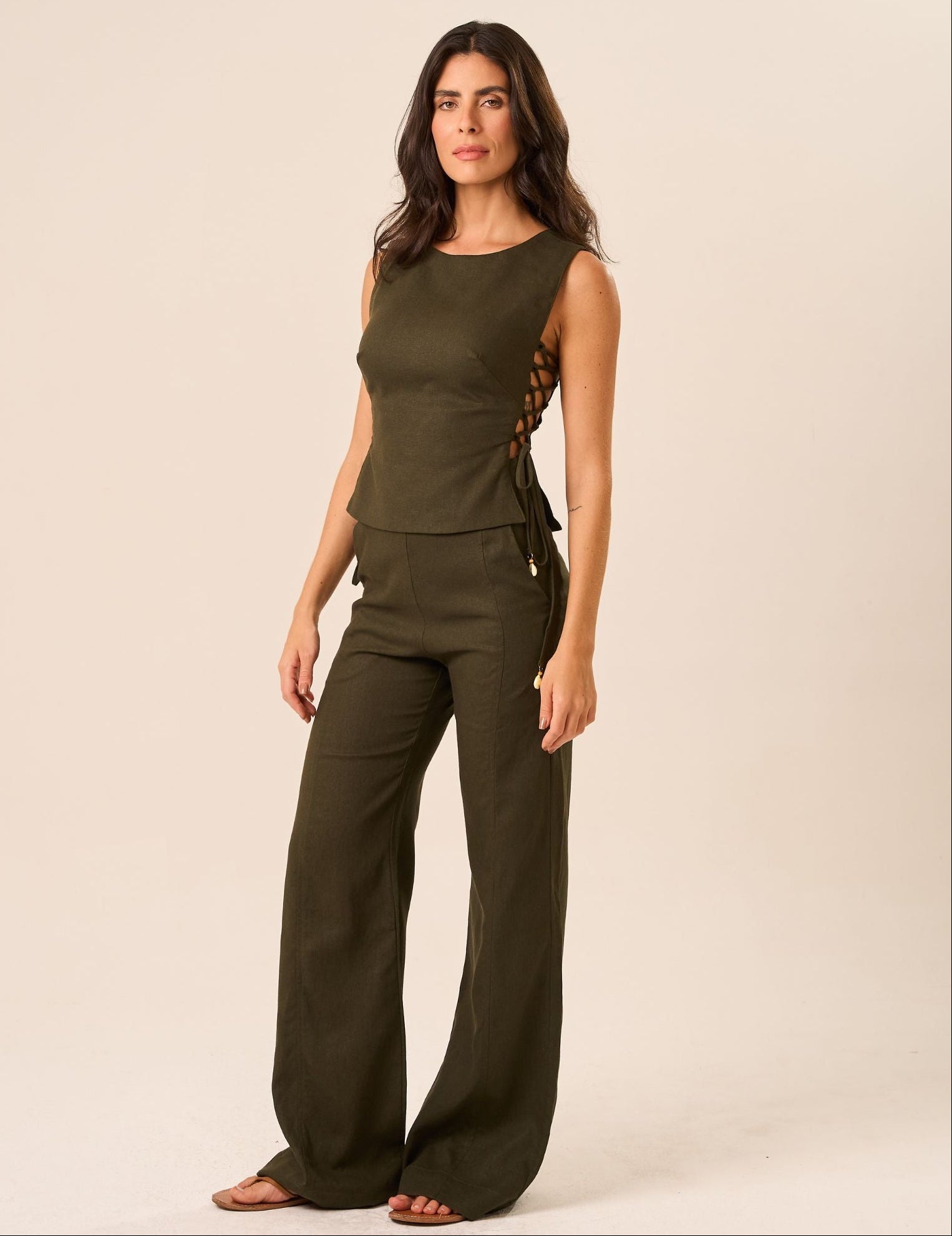 Top de linho verde-militar Lina