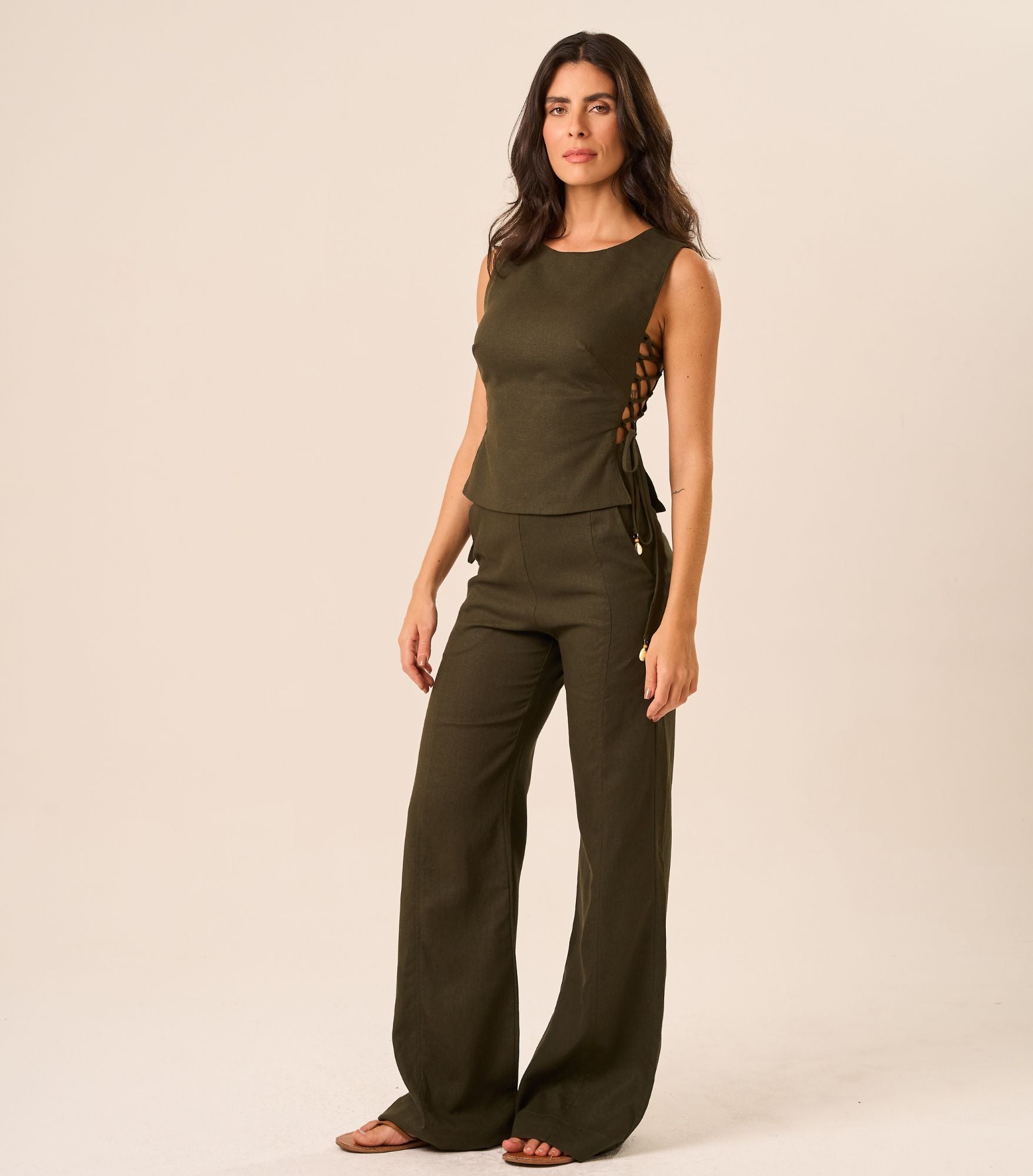 Calça de Linho verde-militar Gisela