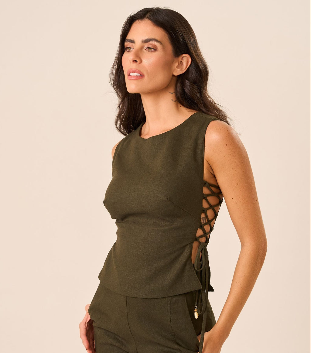 Top de linho verde-militar Lina