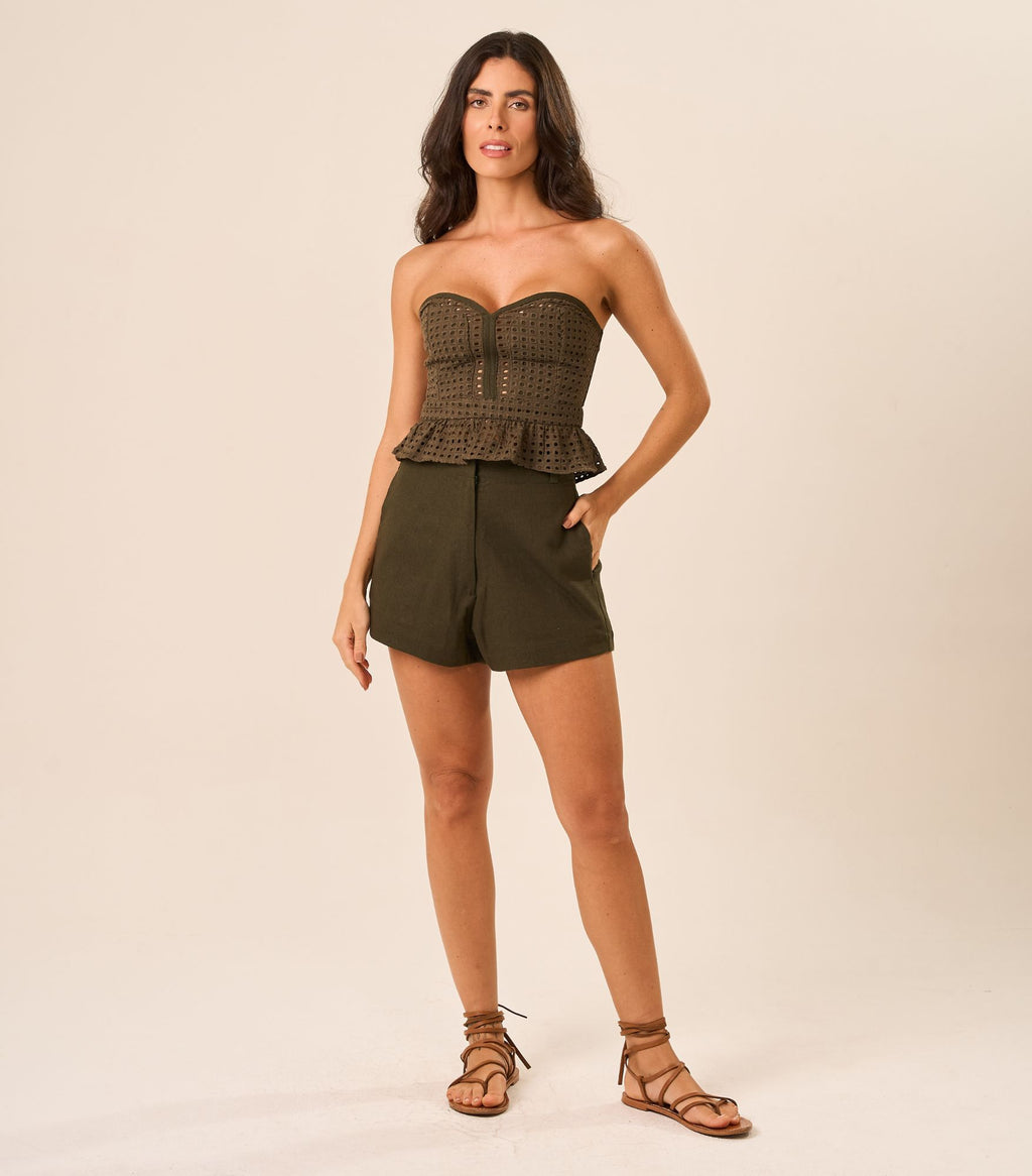 Short de linho verde-militar Lari