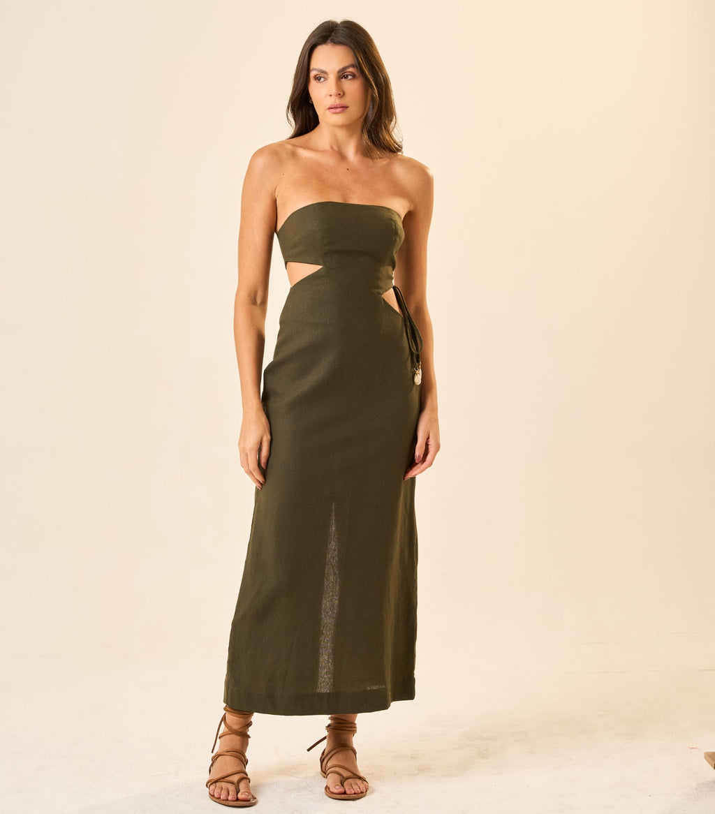 Vestido de Linho verde-militar Fernanda