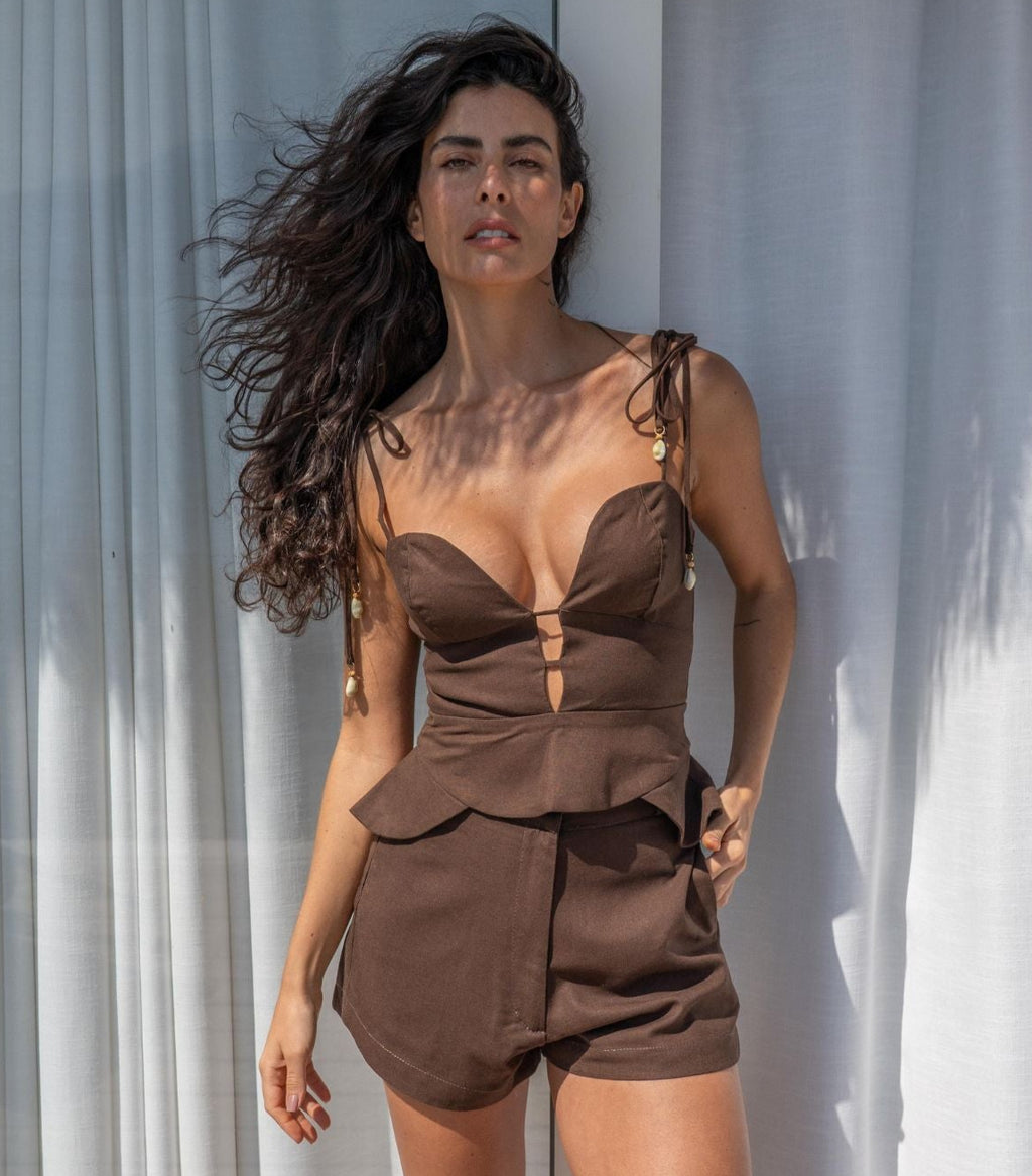 Top de linho marrom-café Rubia