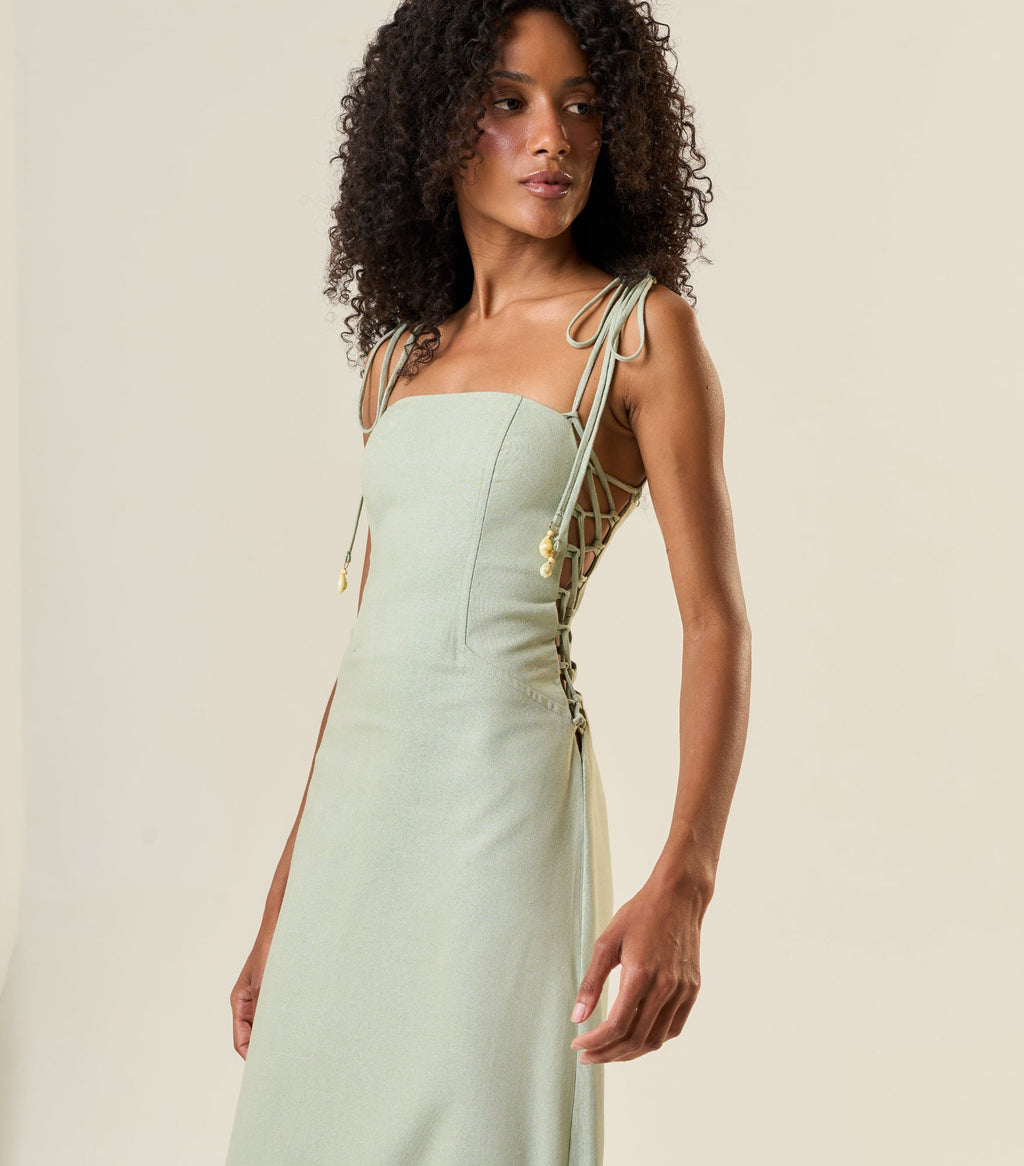 Vestido de Linho verde-chá Celina